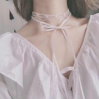 网红脖子上的绑带蕾丝项圈短款女脖子饰品锁骨链女绿色颈带丝带