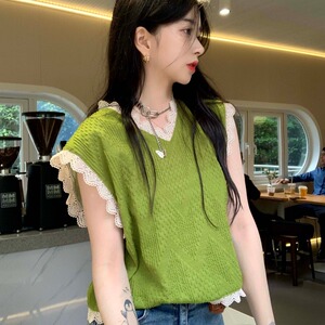 牛油果绿色宽松花边无袖针织短袖上衣女小个子短款坎肩背心t恤夏