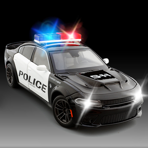 jkm1:32 道奇战马地狱猫速激合金车模六开减震转向声光警车玩具