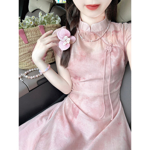 国风新中式连衣裙女夏新款粉色旗袍改良年轻款少女复古法式长裙子