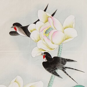 三尺工笔画国画《荷塘情趣》2只燕子荷花装饰画秦薇字画1711