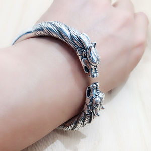 乐凤祥双龙头银手镯男士时尚999足银貔貅银镯子招财护身转运霸气