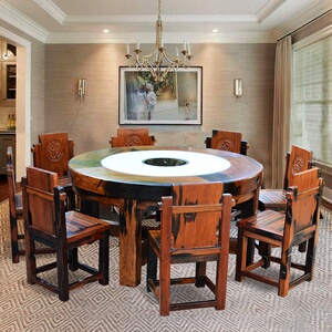 老船木餐桌圆形火锅桌圆桌一体饭店电磁炉园桌子圆形实木家用中式