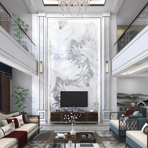新中式复式楼电视背景墙轻奢现代岩板uv瓷砖楼中楼别墅客厅装饰造