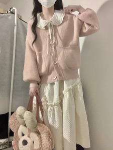 温柔系炸街奶乖套装女秋冬小个子粉色毛衣外套娃娃领连衣裙两件套