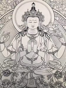 四臂观音唐卡手绘唐卡填色涂色diy唐卡西藏手绘白描图描金底稿