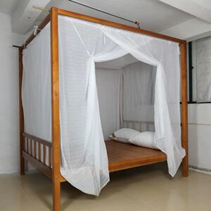 莲花老式棉纱蚊帐家用木架床穿杆可绑绳白色防尘布顶宿舍加密纹账