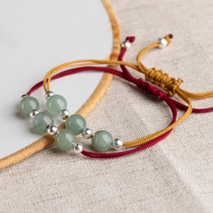 天然翡翠转运纳福平安手串女s925银珠金线编织玉珠手绳手链小清新