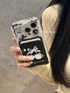 guanview ins风羽纱黑色樱桃磁吸卡套适用iPhone15ProMax苹果14手机壳13皮革卡包12暗黑少女11全包15防摔套软