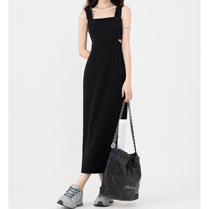 赫本风法式黑色镂空吊带长裙女夏季设计感小众简约百搭修身连衣裙