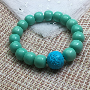 伴生矿优化高瓷二代绿松石雕刻件回纹圆珠绿松老型圆珠手串单圈