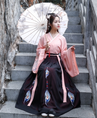 夜弦歌汉服女装交领襦裙翎羽魏晋大袖孔雀绣花春夏季原创日常新款