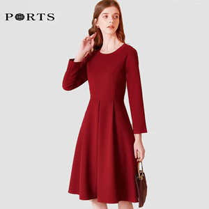 宝姿代购2024春新款圆领长袖收腰显瘦气质中长款连衣裙红色礼服裙