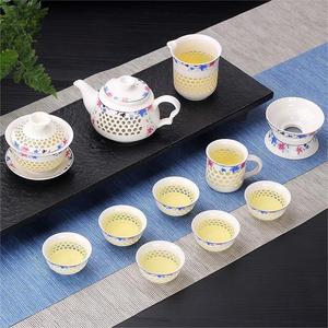 玲珑镂空蜂窝茶具套装乌金石茶盘家用白陶瓷盖碗茶壶泡茶功夫茶杯