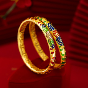周大福星黄金复古民族风女款妈妈手镯 18k金珐琅烧蓝999花纹手环
