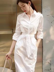 高端精致白色衬衫连衣裙2024新款女夏季干练气质女装高级感长裙子