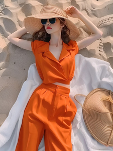 夏日多巴胺穿搭干练气质橘色衬衫女装套装裤轻奢高级感女人味时尚