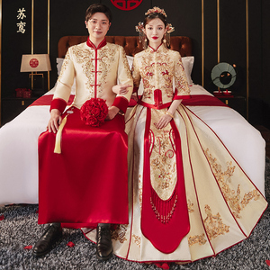 秀禾服男女套装2022年新款中式结婚情侣金色嫁衣修身龙凤褂敬酒服