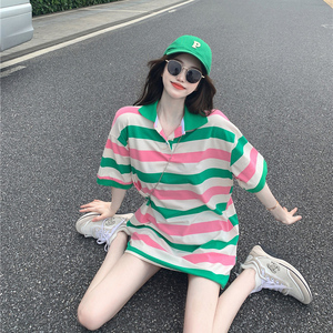 宽松大版粉绿色条纹polo领短袖t恤女夏季新款下衣失踪设计感上衣