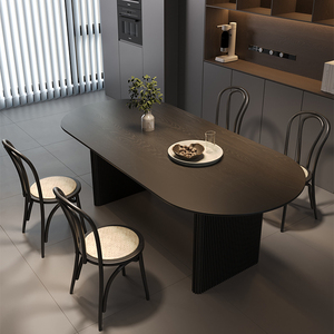 黑色实木餐桌松弛感客厅中古风饭桌家用椭圆形高级诧寂风桌椅组合