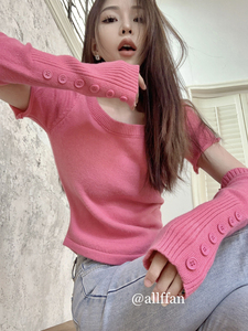 玫红粉色针织打底衫女秋冬设计感小众纯欲甜辣妹性感短款袖套上衣