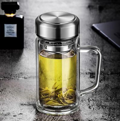 透明玻x璃内胆玻璃保温杯带手柄圆形花茶杯女士大号女水晶带把手