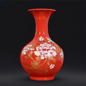 景德镇陶瓷花瓶红色乔迁送礼结婚中式牡丹喜庆客厅家居工艺品摆件