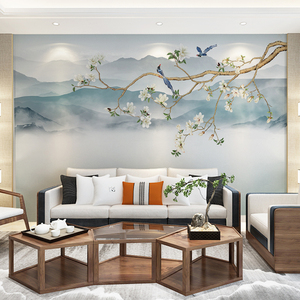 新中式电视背景墙壁布山水花鸟墙纸壁画客厅卧室现代简约影视墙布