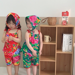 东北大花棉袄儿童女童夏季套装农村风翠花村衣服家居服婴儿