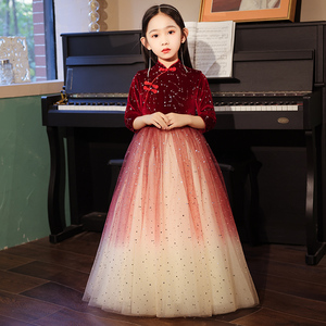 儿童主持人礼服公主裙冬蓬蓬纱渐变长裙女童大合唱服装钢琴演出服