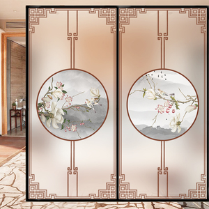 新中式玻璃贴纸隔断推拉门窗户静电无胶磨砂贴膜防走光透光不透明