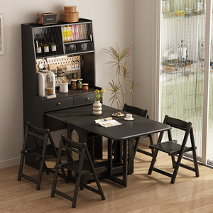 中古风一桌四椅组合折叠餐桌餐边柜一体省空间美式实木桌子长方形