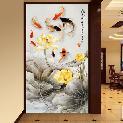 莲花墙客厅图鱼g版水墨壁画玄关竖九壁纸墙纸中式背景