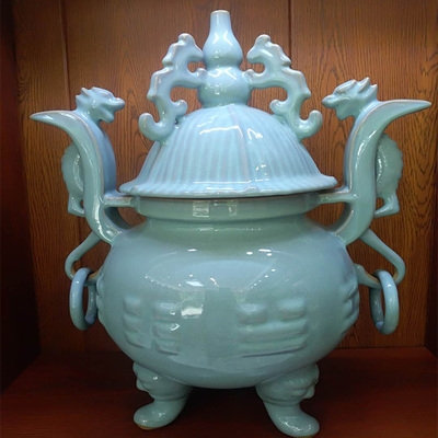 汝瓷复古仿古天青釉八卦鼎家居饰f品摆件镇宅辟邪汝窑陶瓷风水摆