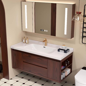 新中式红橡木浴室柜陶瓷一体盆岩板无缝洗手台卫生间智能吊柜组合