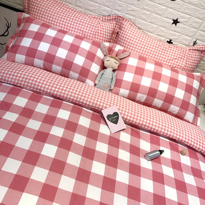 双人床单纯棉粉色格子