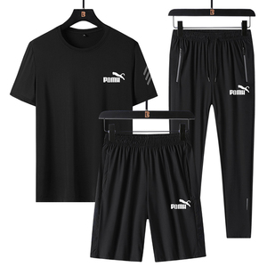 经典彪马夏季运动套装男短袖短裤大码冰丝跑步健身衣服男士三件套