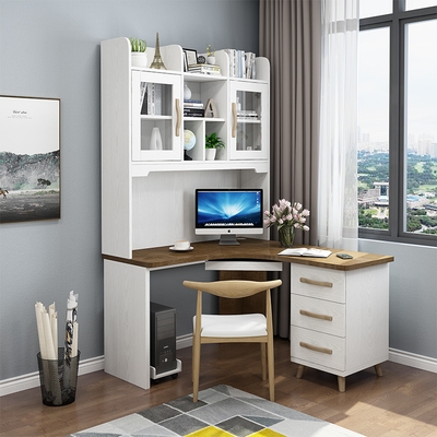 北欧转角书桌书架组合右柜收纳置物架一体简约卧室实木书房电脑桌