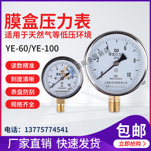 名宇YE100膜盒压力表0-10/16/25/40/60KPA天然气燃气千帕管道微压