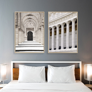欧式建筑空间罗马柱花卉沙发背景墙装饰画简约现代黑白工业风壁画