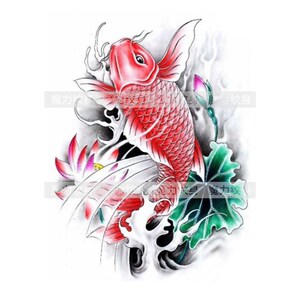 新品魔力纹身贴防l水男女彩色大红荷大鲤鱼花臂手臂花腿刺青久持