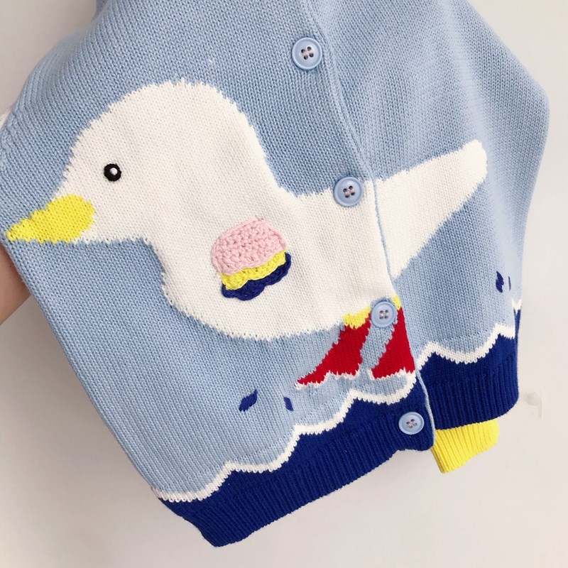 80-135清新淡蓝色可爱的小鸭子~纯棉线男女童宝宝针k织开衫毛衣