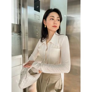 时髦显瘦大尖领小众气质感ol欧货纯色坑条纹修身中长款长袖衬衫女