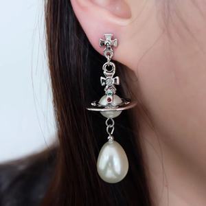 欧美珍珠耳环闪钻彩钻土星珍珠长款流苏耳钉小众设计感银针耳饰女
