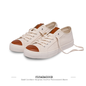 CicadaHood法国HAAS小牛皮日本冈山帆布硫化鞋复古军事工装鞋米白