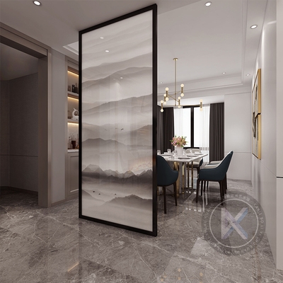 艺术玻璃屏风隔断水墨山水画抽象意境夹丝玻璃夹绢新中式隔断