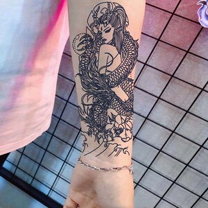 线条龙女龙姬草本果汁纹身贴半臂男女持久仿真防水半永久九龙猴子