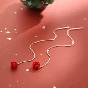 925红线球纯银款气质过年戴耳坠编织绳毛红色耳环女f艳的炟耳线长