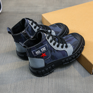 儿童马丁靴男童鞋子秋冬新款单靴迷彩军靴加绒男孩冬天棉鞋运动鞋