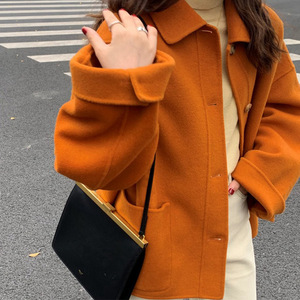 别致南瓜色水波纹超细双面大衣高端韩系橘色毛呢外套女冬季小个子